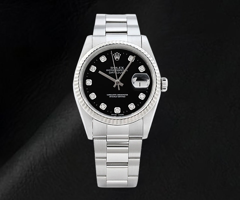 Rolex Datejust Black Diamond Dial Watch Stainless Steel Oyster Bracelet