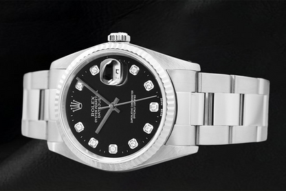 Rolex Datejust Black Diamond Dial Watch Stainless Steel Oyster Bracelet