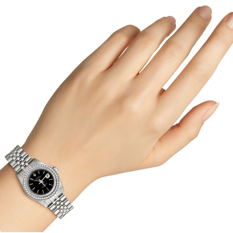 Rolex Datejust Black Stick Dial Lady Watch Ss Jubilee Bracelet