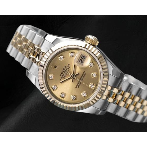 Rolex Datejust Champagne Diamond Dial Hidden Clasp Quick Set 26 mm Two Tone Watch