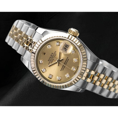 Rolex Datejust Champagne Diamond Dial Hidden Clasp Quick Set 26 mm Two Tone Watch