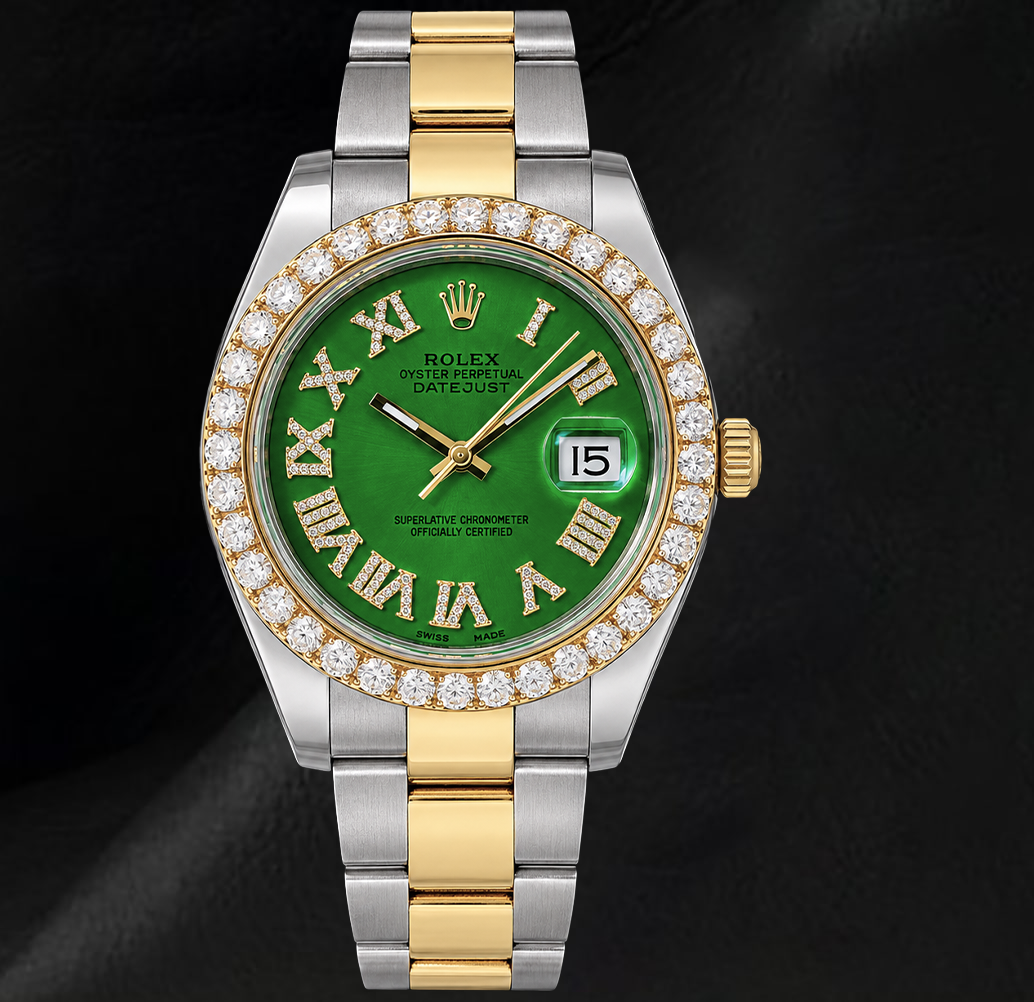 Rolex Datejust II 41mm 116333 Green Roman Diamond Dial Two Tone Watch