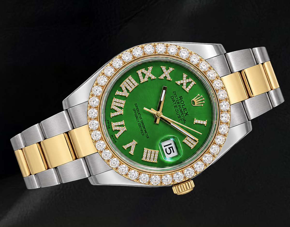 Rolex Datejust II 41mm 116333 Green Roman Diamond Dial Two Tone Watch