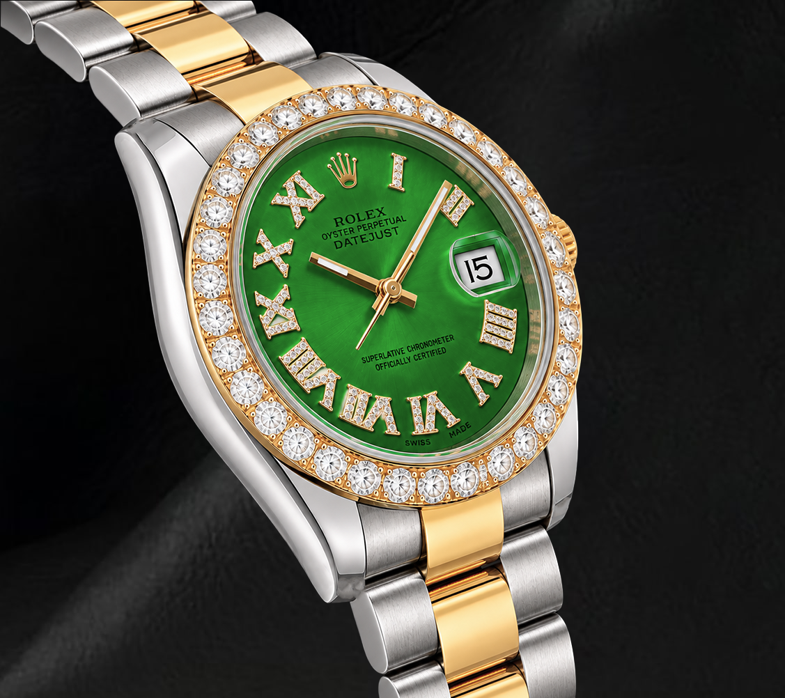 Rolex Datejust II 41mm 116333 Green Roman Diamond Dial Two Tone Watch