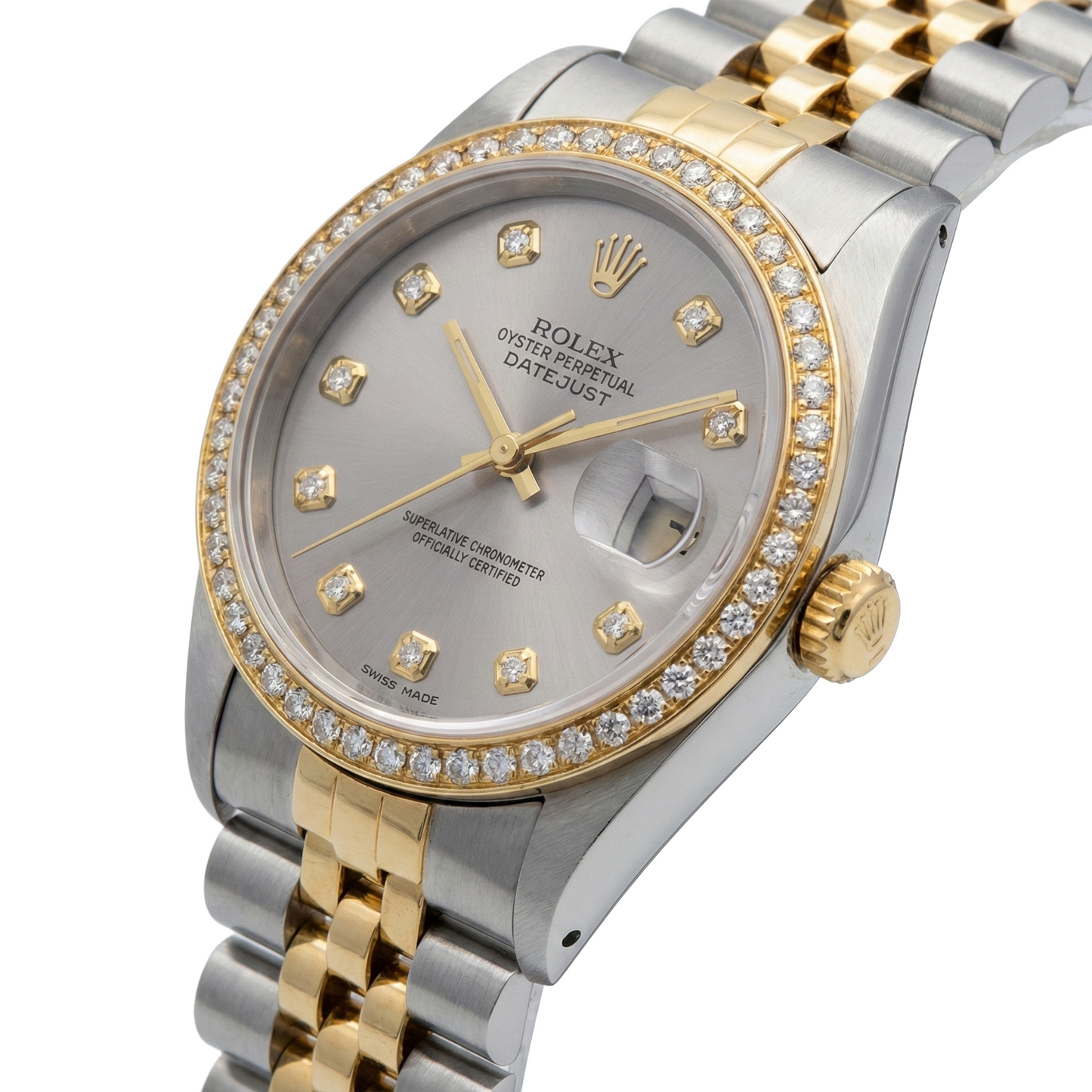 Rolex Datejust Midsize 31 mm Grey Mother of Pearl Diamond Dial Diamond Bezel Jubilee Bracelet Watch Ss & Gold
