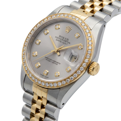Rolex Datejust Midsize 31 mm Grey Mother of Pearl Diamond Dial Diamond Bezel Jubilee Bracelet Watch Ss & Gold