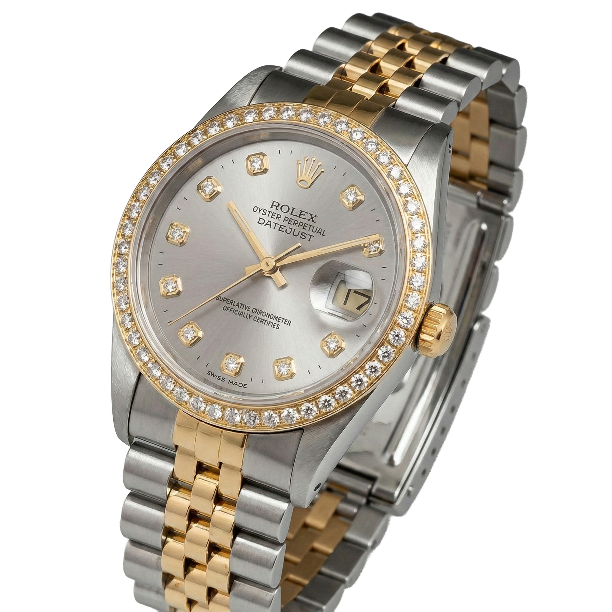Rolex Datejust Midsize 31 mm Grey Mother of Pearl Diamond Dial Diamond Bezel Jubilee Bracelet Watch Ss & Gold