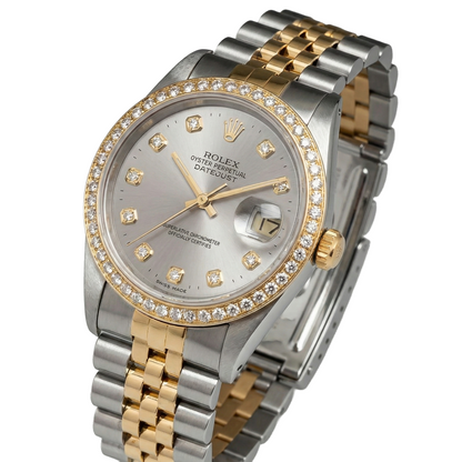 Rolex Datejust Midsize 31 mm Grey Mother of Pearl Diamond Dial Diamond Bezel Jubilee Bracelet Watch Ss & Gold