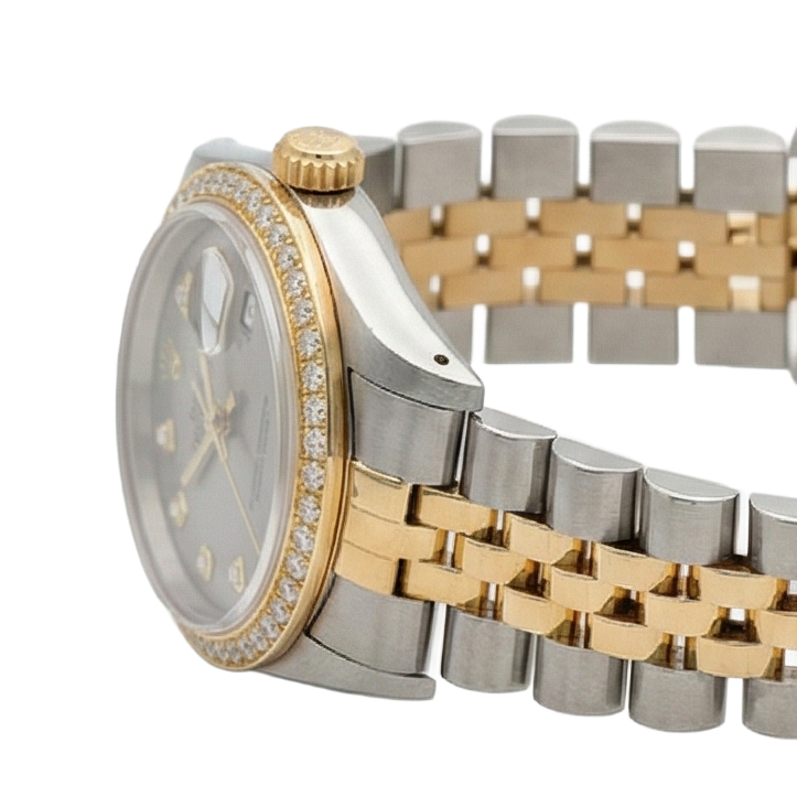 Rolex Datejust Midsize 31 mm Grey Mother of Pearl Diamond Dial Diamond Bezel Jubilee Bracelet Watch Ss & Gold