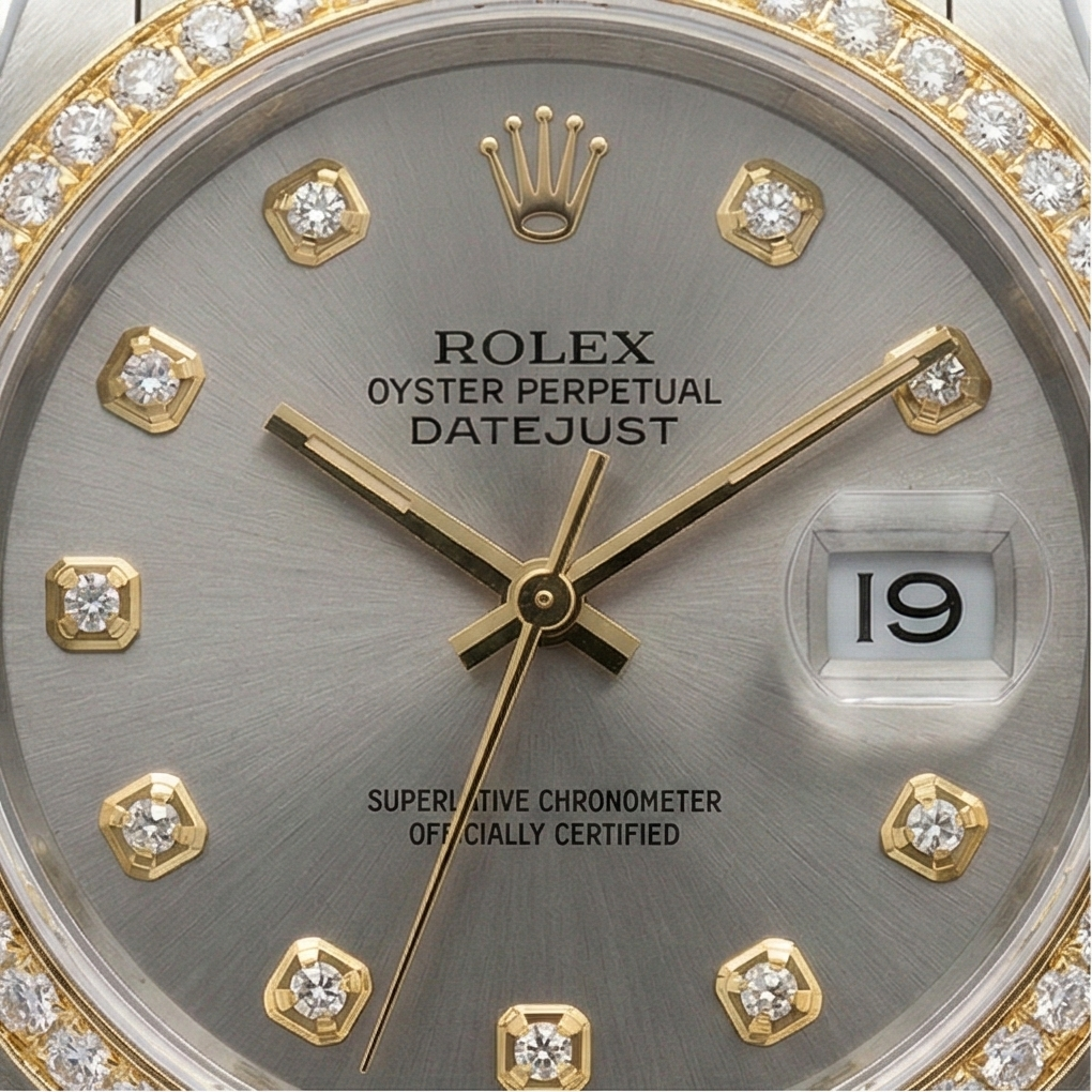 Rolex Datejust Midsize 31 mm Grey Mother of Pearl Diamond Dial Diamond Bezel Jubilee Bracelet Watch Ss & Gold