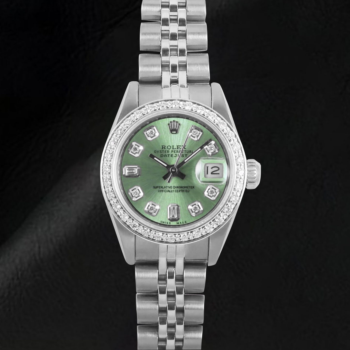 Rolex Datejust Olive Green Baguette Diamond 26 mm Stainless Steel Watch