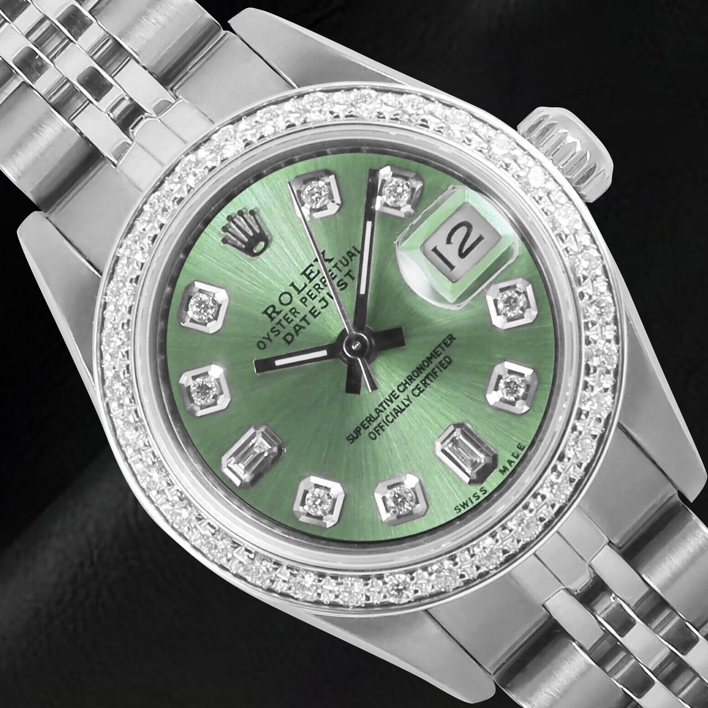 Rolex Datejust Olive Green Baguette Diamond 26 mm Stainless Steel Watch