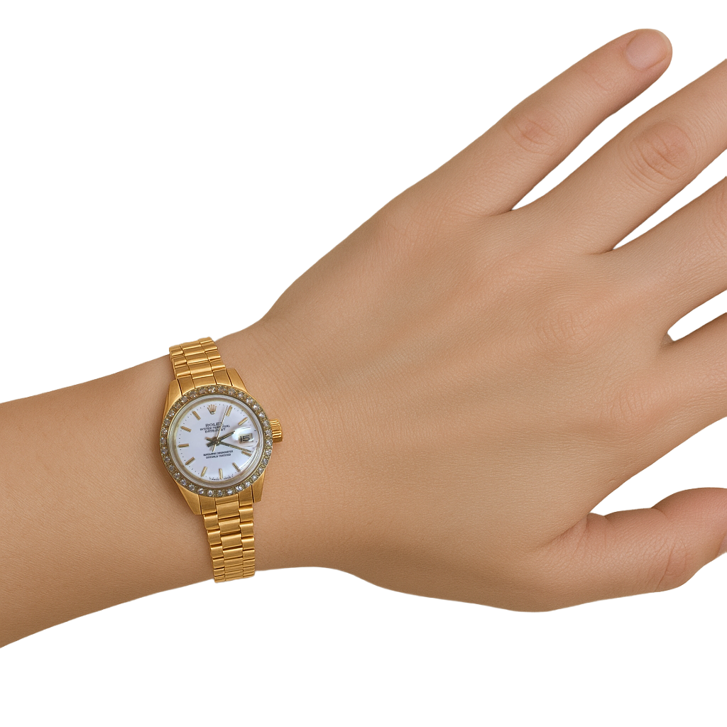 Rolex Datejust Watch Yellow Gold Bracelet Stick Dial Diamond Bezel