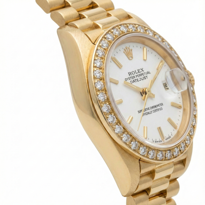 Rolex Datejust Watch Yellow Gold Bracelet Stick Dial Diamond Bezel