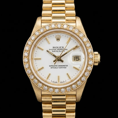 Rolex Datejust Watch Yellow Gold Bracelet Stick Dial Diamond Bezel