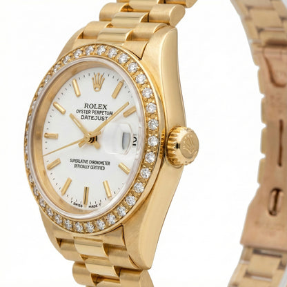 Rolex Datejust Watch Yellow Gold Bracelet Stick Dial Diamond Bezel