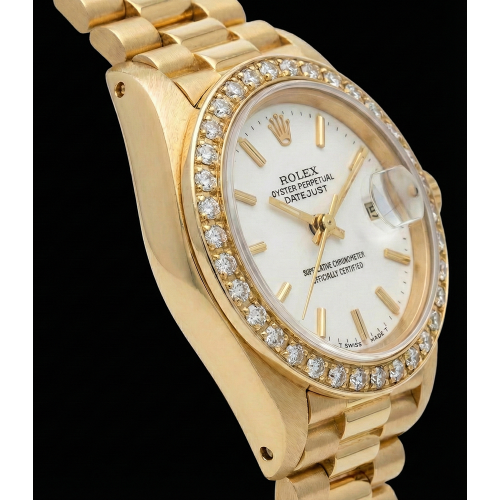 Rolex Datejust Watch Yellow Gold Bracelet Stick Dial Diamond Bezel