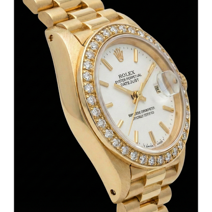 Rolex Datejust Watch Yellow Gold Bracelet Stick Dial Diamond Bezel