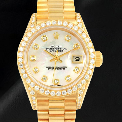 Rolex Datejust Year 2003 White Mother Of Pearl Diamond Dial 26 mm Yellow Gold Ladies Watch