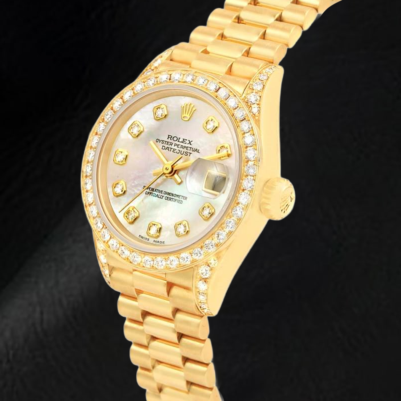 Rolex Datejust Year 2003 White Mother Of Pearl Diamond Dial 26 mm Yellow Gold Ladies Watch