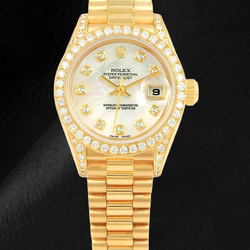 Rolex Datejust Year 2003 White Mother Of Pearl Diamond Dial 26 mm Yellow Gold Ladies Watch