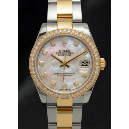 Rolex Datejust Year 2011 White Mother Of Pearl Diamond Dial Diamond Bezel 31 mm Two Tone Watch