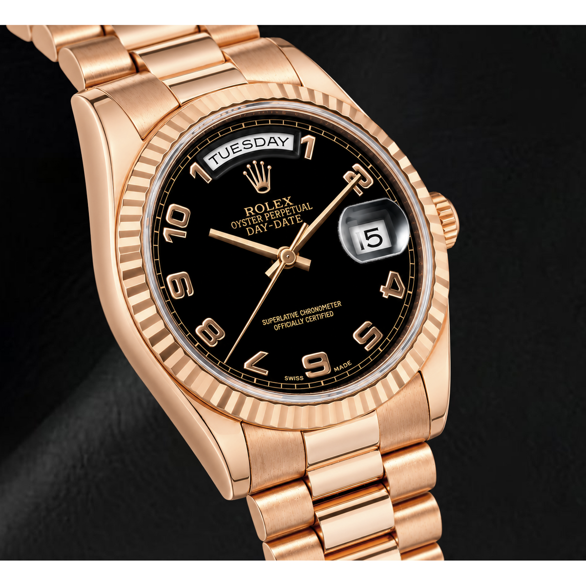 Rolex Day-Date 118235 36mm Black Arabic Dial Rose Gold Watch