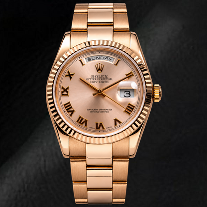 Rolex Day-Date 118235 36mm Sundust Roman Dial 18K Rose Gold Oyster Bracelet