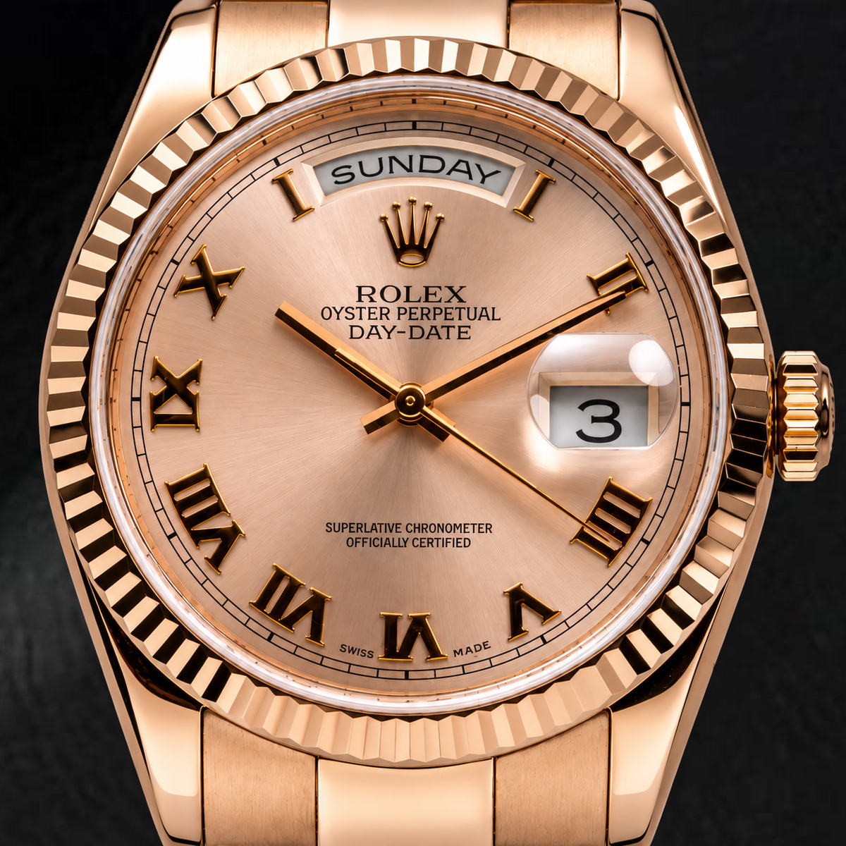 Rolex Day-Date 118235 36mm Sundust Roman Dial 18K Rose Gold Oyster Bracelet
