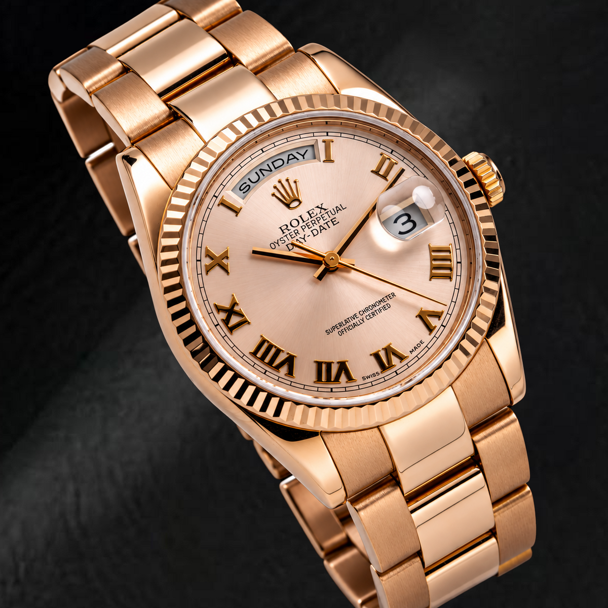 Rolex Day-Date 118235 36mm Sundust Roman Dial 18K Rose Gold Oyster Bracelet