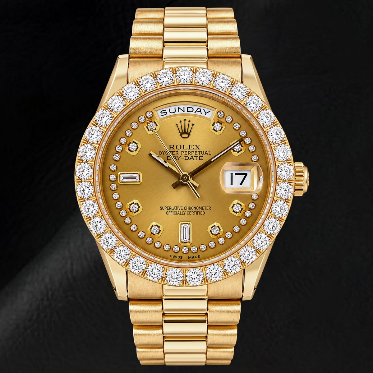 Rolex Day-Date 18038 36mm Champagne String Diamond Dial Yellow Gold Watch