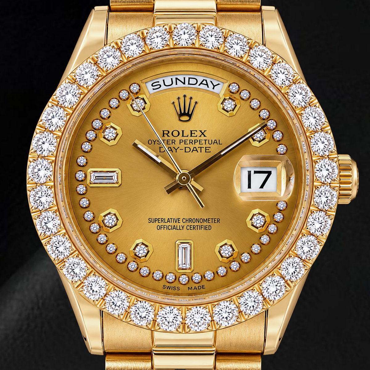 Rolex Day-Date 18038 36mm Champagne String Diamond Dial Yellow Gold Watch