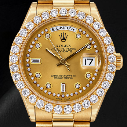 Rolex Day-Date 18038 36mm Champagne String Diamond Dial Yellow Gold Watch