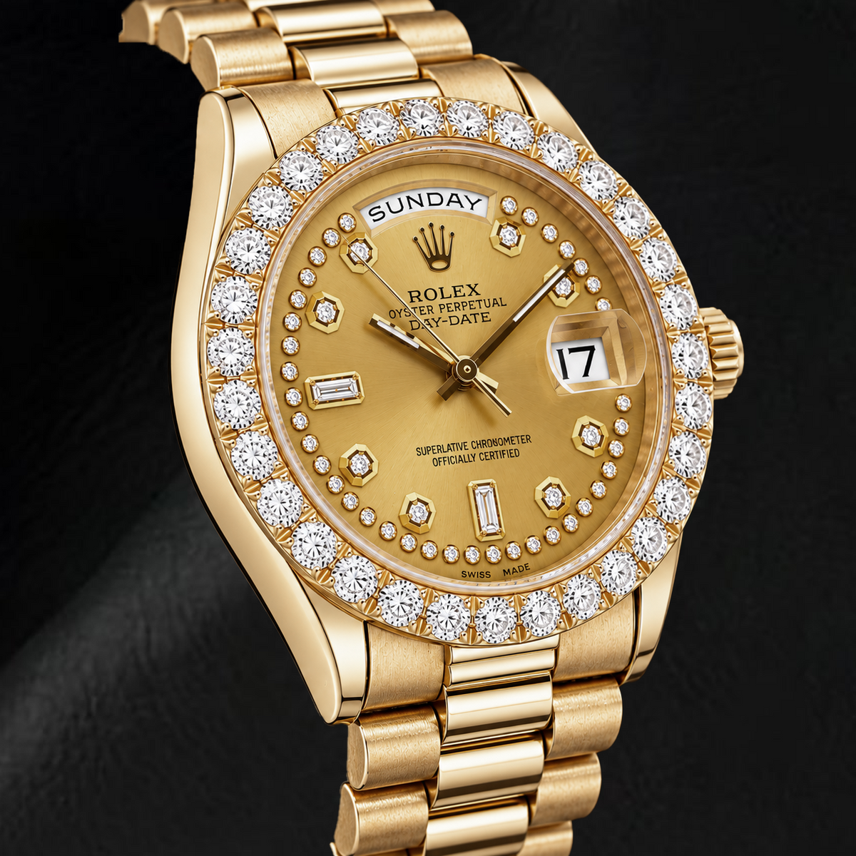 Rolex Day-Date 18038 36mm Champagne String Diamond Dial Yellow Gold Watch