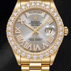 Rolex Day-Date 18038 36mm Silver Roman Diamond Dial Yellow Gold Watch