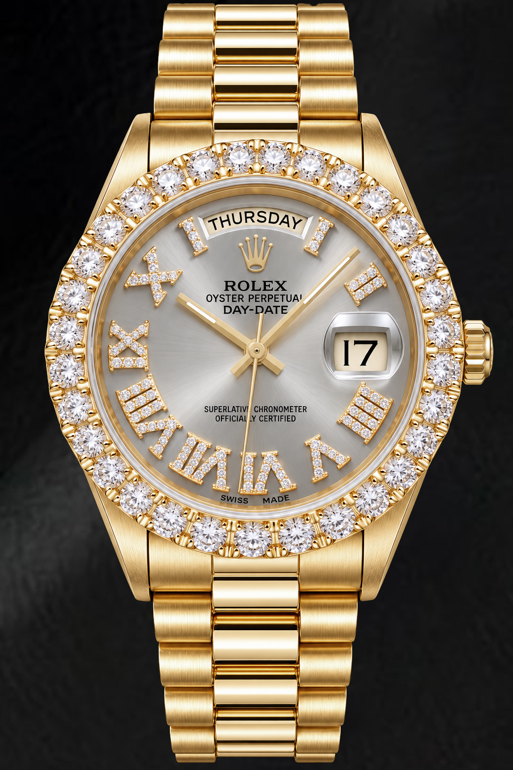 Rolex Day-Date 18038 36mm Silver Roman Diamond Dial Yellow Gold Watch