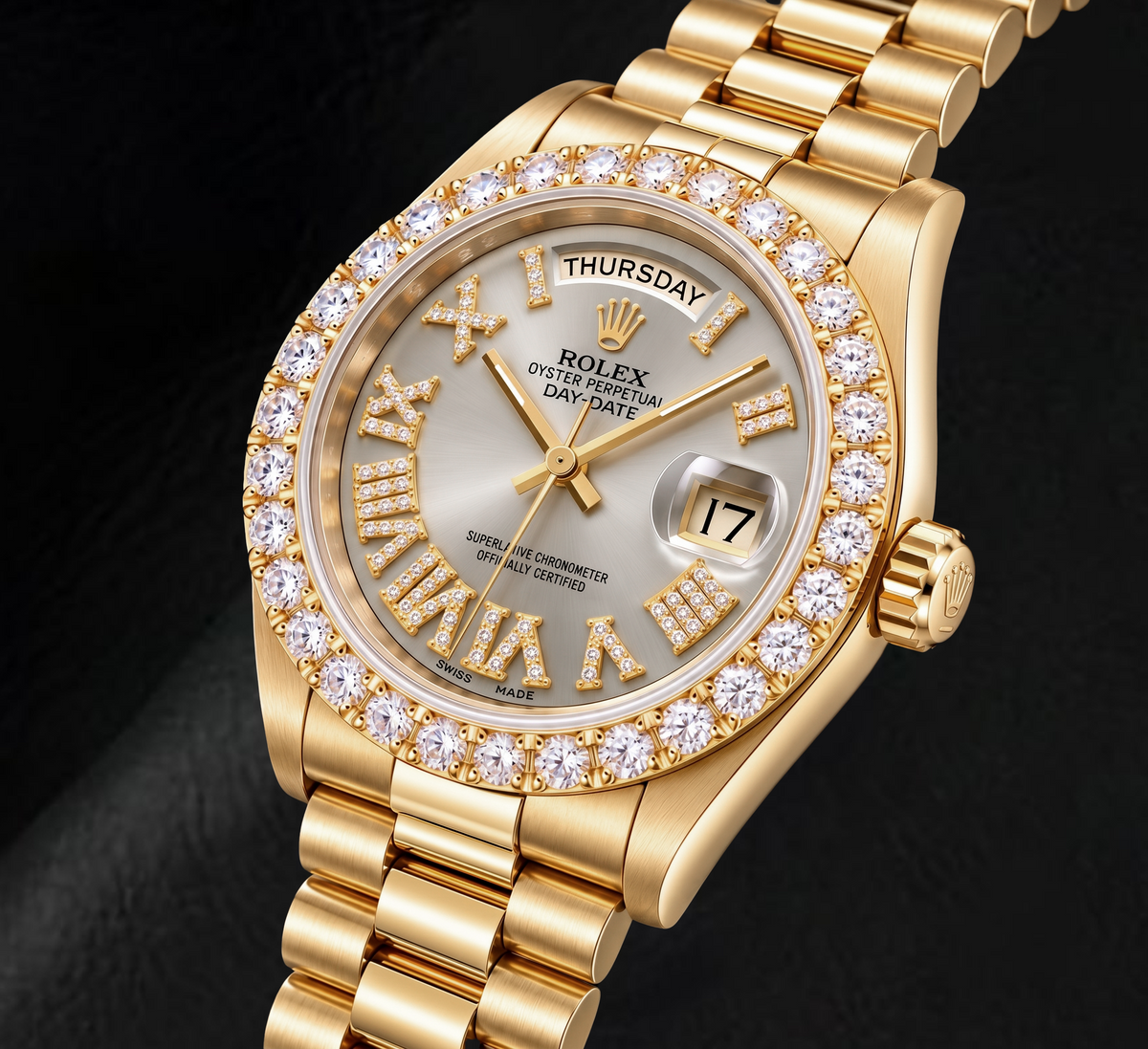 Rolex Day-Date 18038 36mm Silver Roman Diamond Dial Yellow Gold Watch