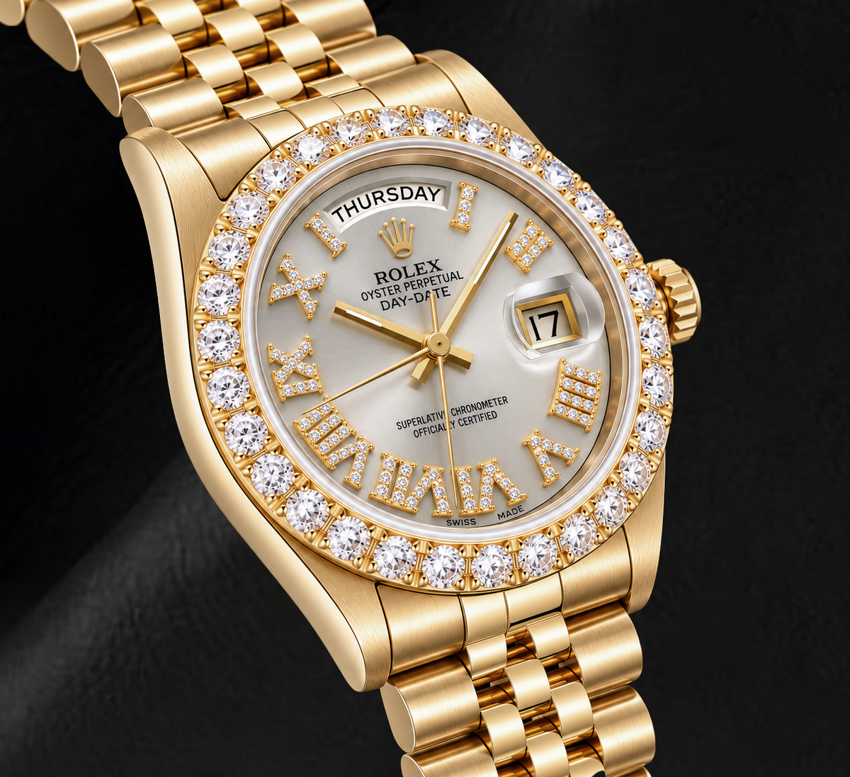 Rolex Day-Date 18038 36mm Silver Roman Diamond Dial Yellow Gold Watch
