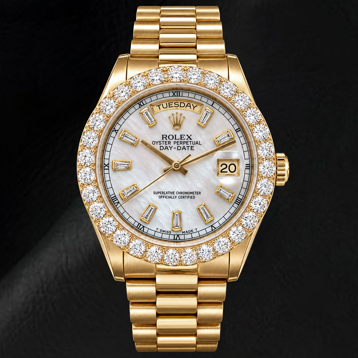 Rolex Day-Date 18038 36mm White Mother of Pearl Diamond Dial 18K Yellow Gold Watch
