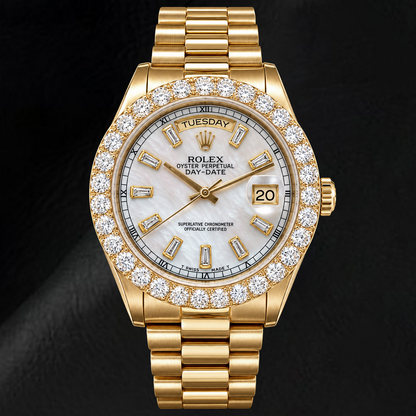 Rolex Day-Date 18038 36mm White Mother of Pearl Diamond Dial 18K Yellow Gold Watch