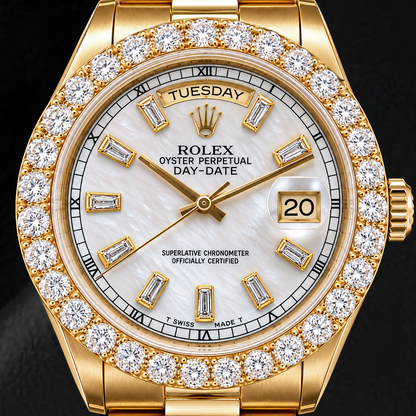 Rolex Day-Date 18038 36mm White Mother of Pearl Diamond Dial 18K Yellow Gold Watch