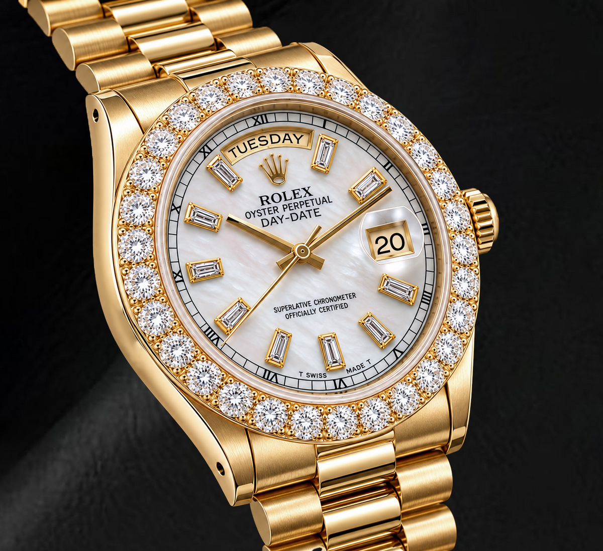 Rolex Day-Date 18038 36mm White Mother of Pearl Diamond Dial 18K Yellow Gold Watch