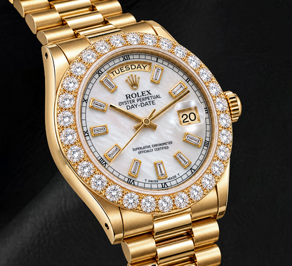 Rolex Day-Date 18038 36mm White Mother of Pearl Diamond Dial 18K Yellow Gold Watch