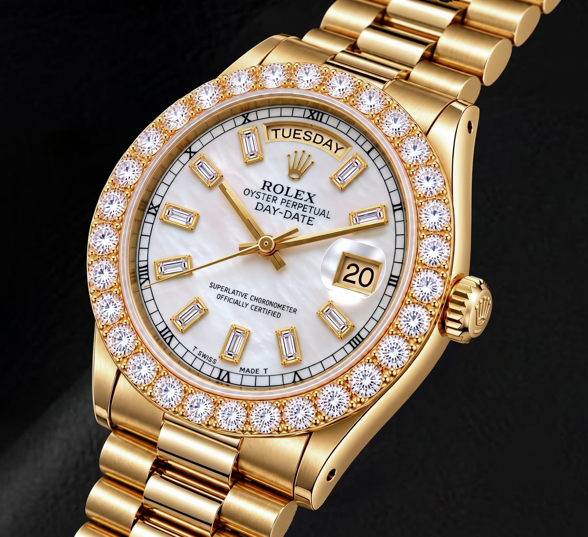 Rolex Day-Date 18038 36mm White Mother of Pearl Diamond Dial 18K Yellow Gold Watch