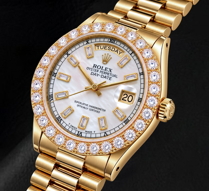 Rolex Day-Date 18038 36mm White Mother of Pearl Diamond Dial 18K Yellow Gold Watch