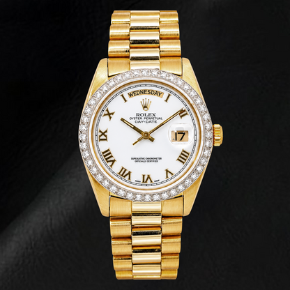 Rolex Day-Date 18038 36mm White Roman Dial Yellow Gold Watch