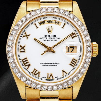 Rolex Day-Date 18038 36mm White Roman Dial Yellow Gold Watch