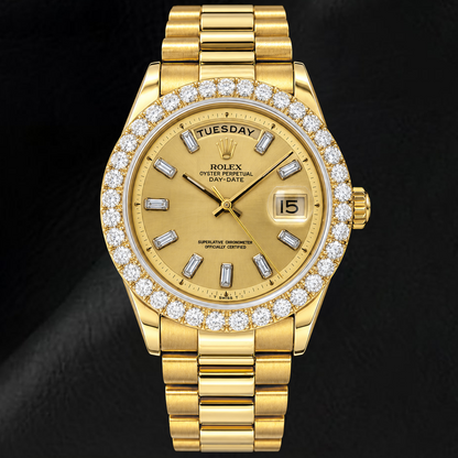 Rolex Day-Date 1803 36mm Champagne Linen Baguette Diamond Dial Yellow Gold Watch