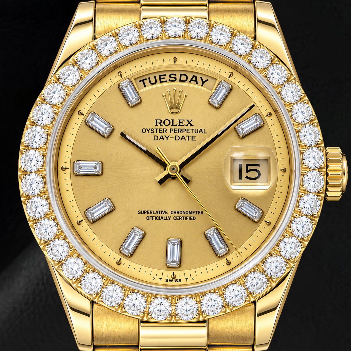 Rolex Day-Date 1803 36mm Champagne Linen Baguette Diamond Dial Yellow Gold Watch