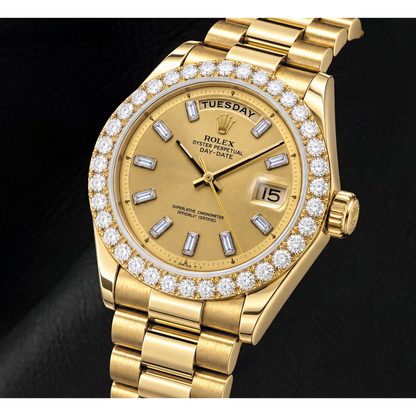 Rolex Day-Date 1803 36mm Champagne Linen Baguette Diamond Dial Yellow Gold Watch